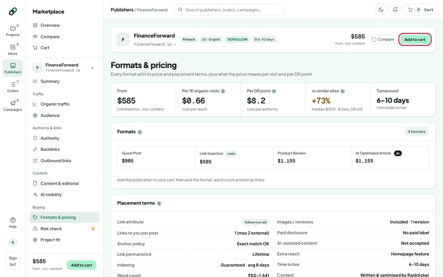 A publisher's Formats and pricing page with the Add to cart button highlighted