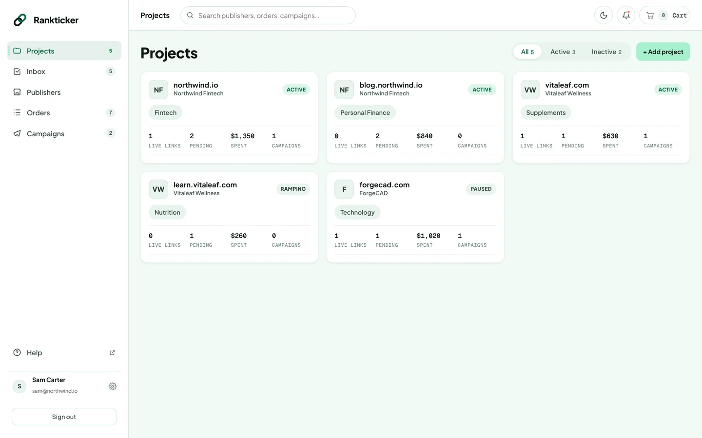 The Rankticker app with the sidebar on the left and the Projects page open