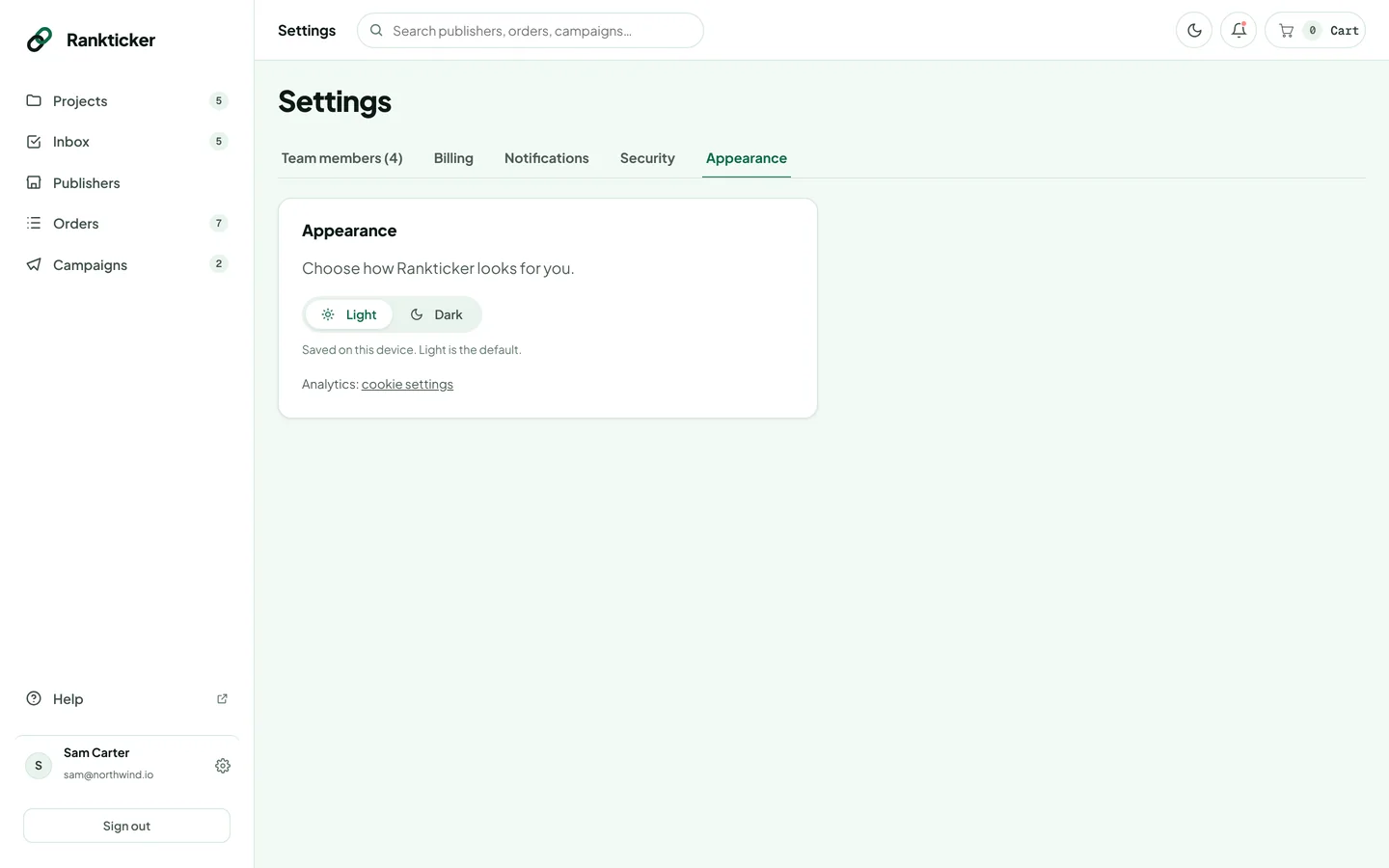 Settings, Appearance tab with the Light and Dark choice