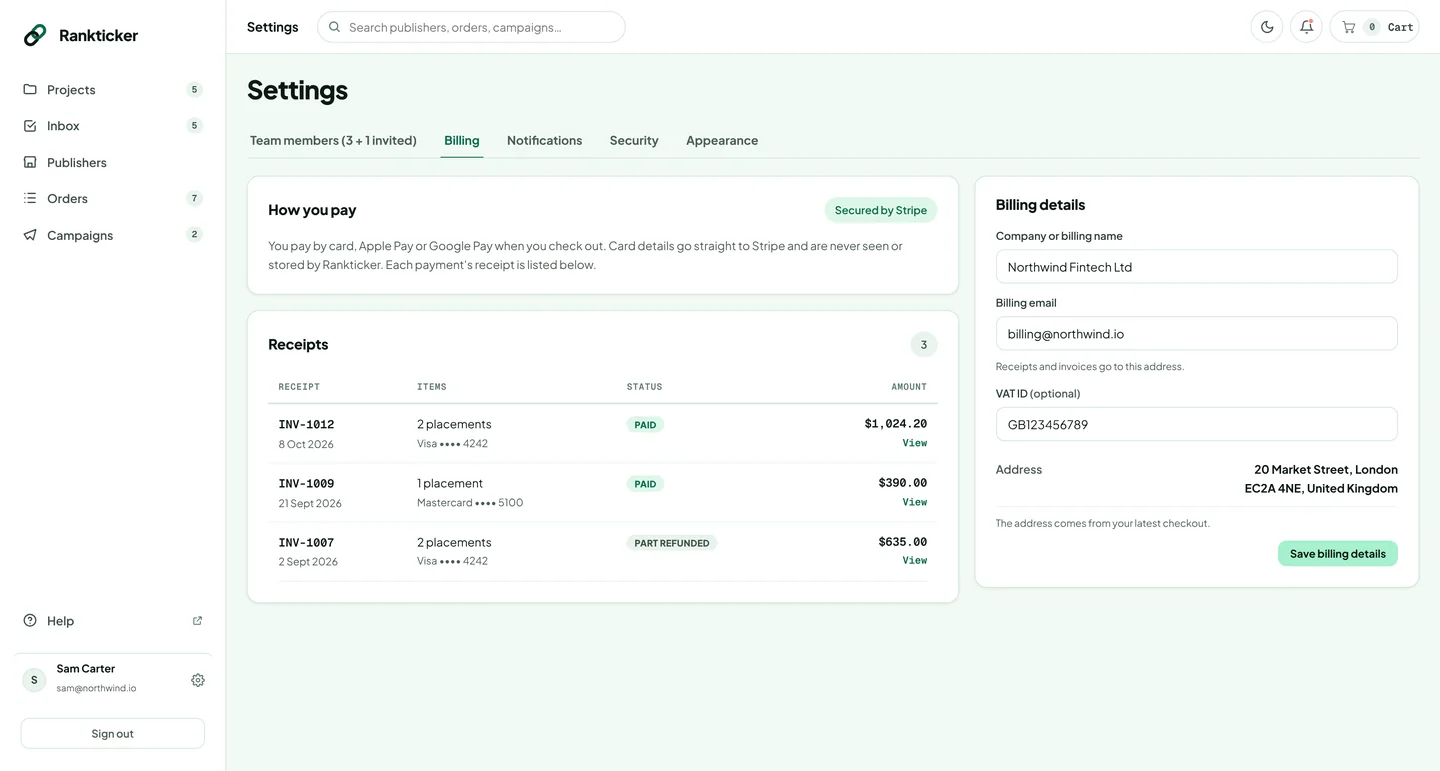 Settings, Billing tab with How you pay, the list of receipts and billing details