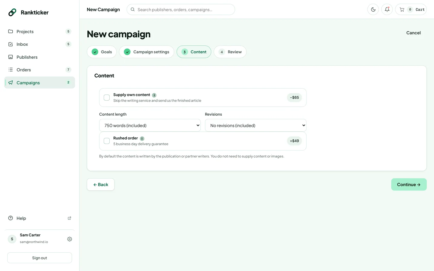 Step 3 of the campaign builder: content options