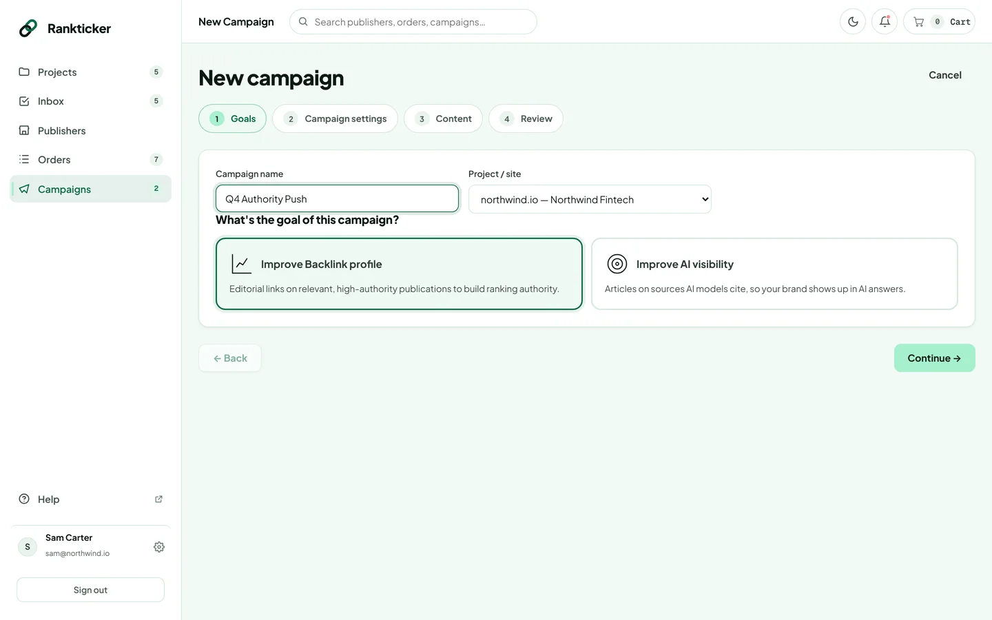 Step 1 of the campaign builder: campaign name, project and goal