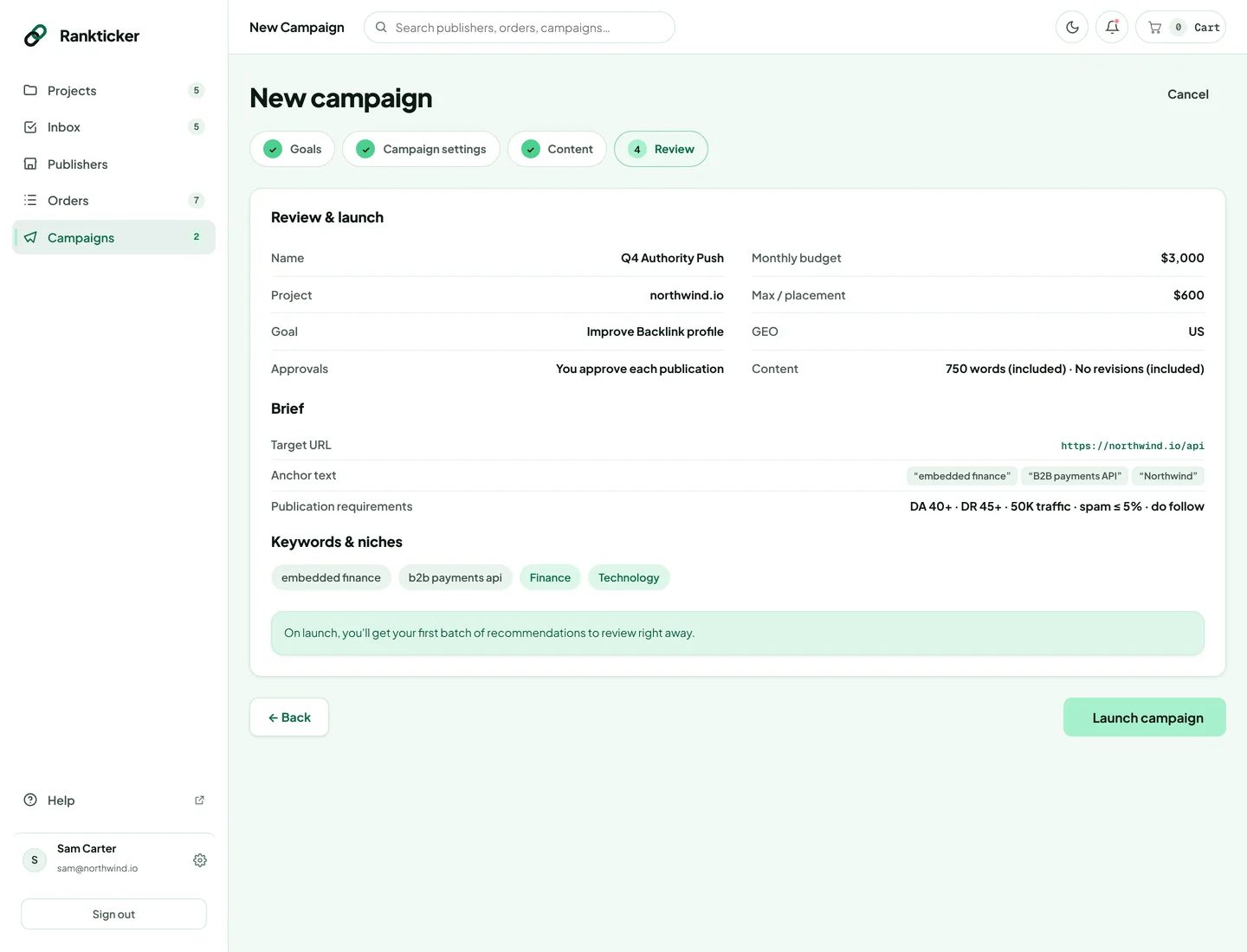 Step 4 of the campaign builder: review and launch