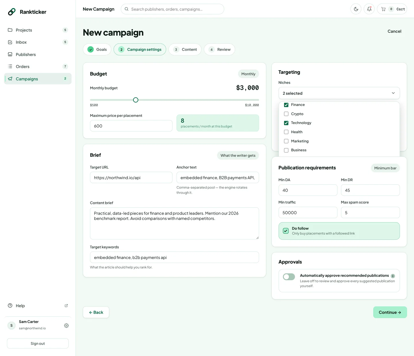 Step 2 of the campaign builder: budget, brief, targeting, publication requirements and approvals
