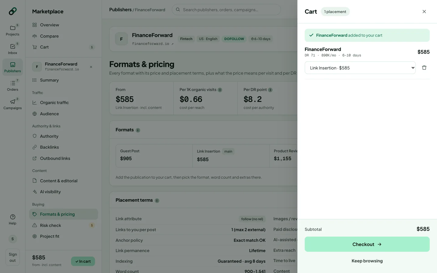The cart drawer with one placement, its format dropdown, the subtotal and the Checkout button