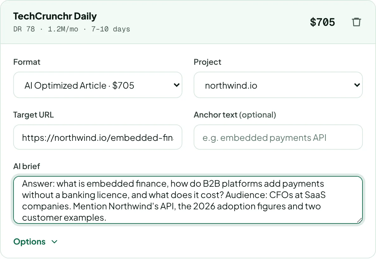 A checkout placement with the AI Optimized Article format and the AI brief filled in