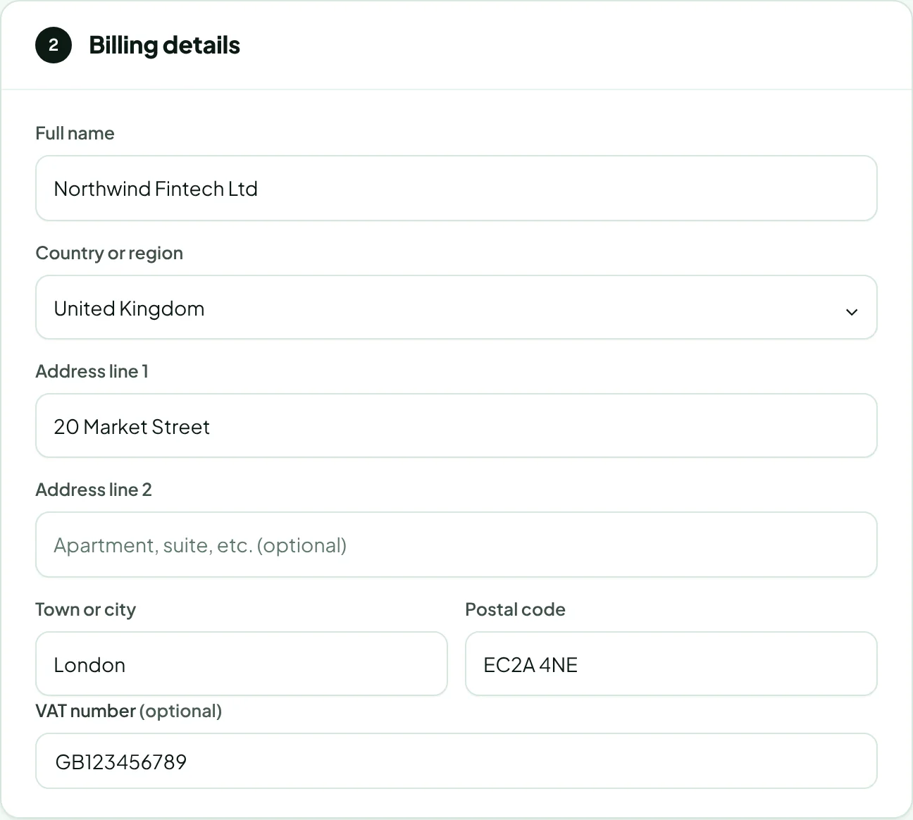 The billing address form at checkout with name, country, address and VAT number