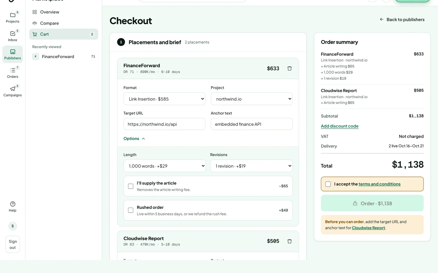 Checkout with missing fields highlighted and the Before you can order message in the summary