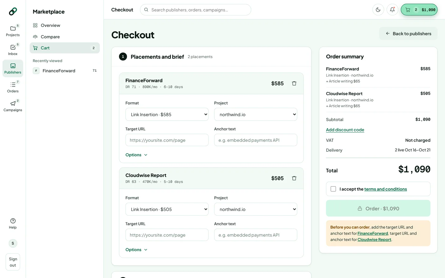 The checkout page with two placements in Placements and brief and the order summary on the right