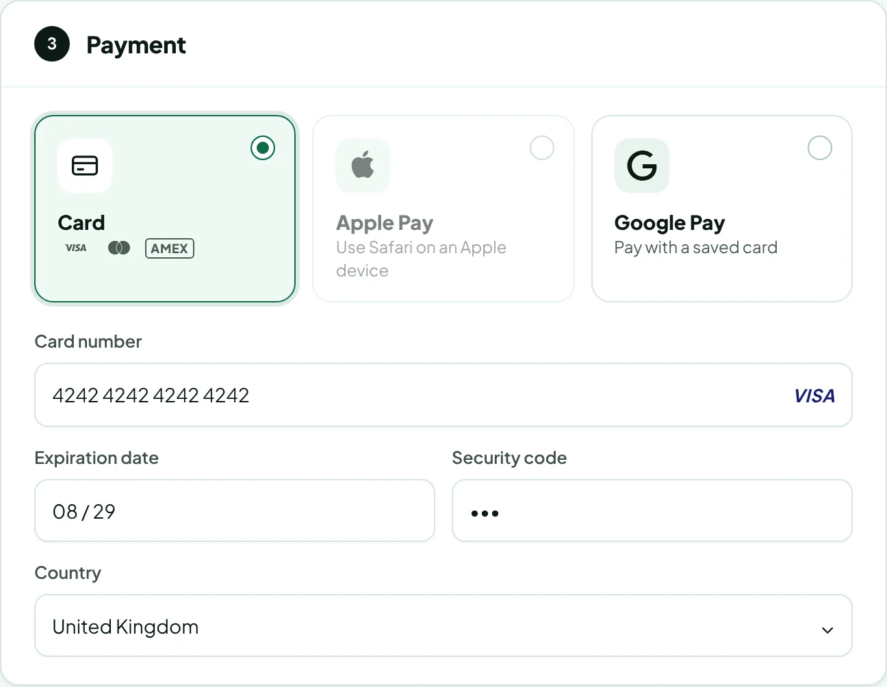 The payment section with Card, Apple Pay and Google Pay and the card fields