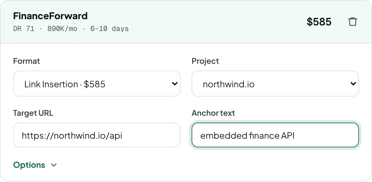 A checkout row with format, project, target URL and anchor text filled in