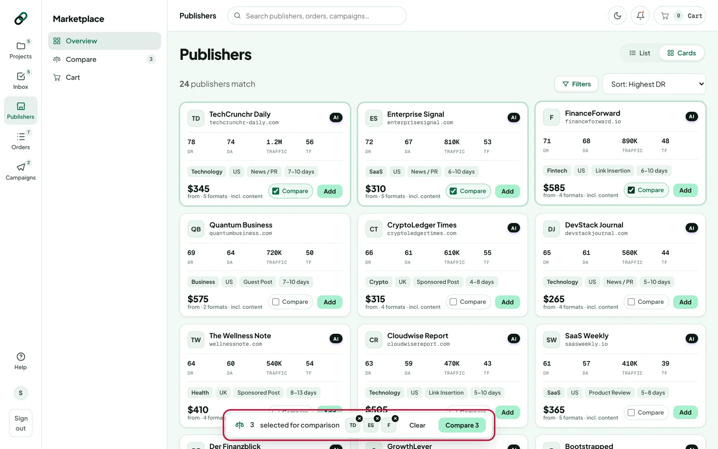 The marketplace with three publications ticked for comparison and the compare bar at the bottom