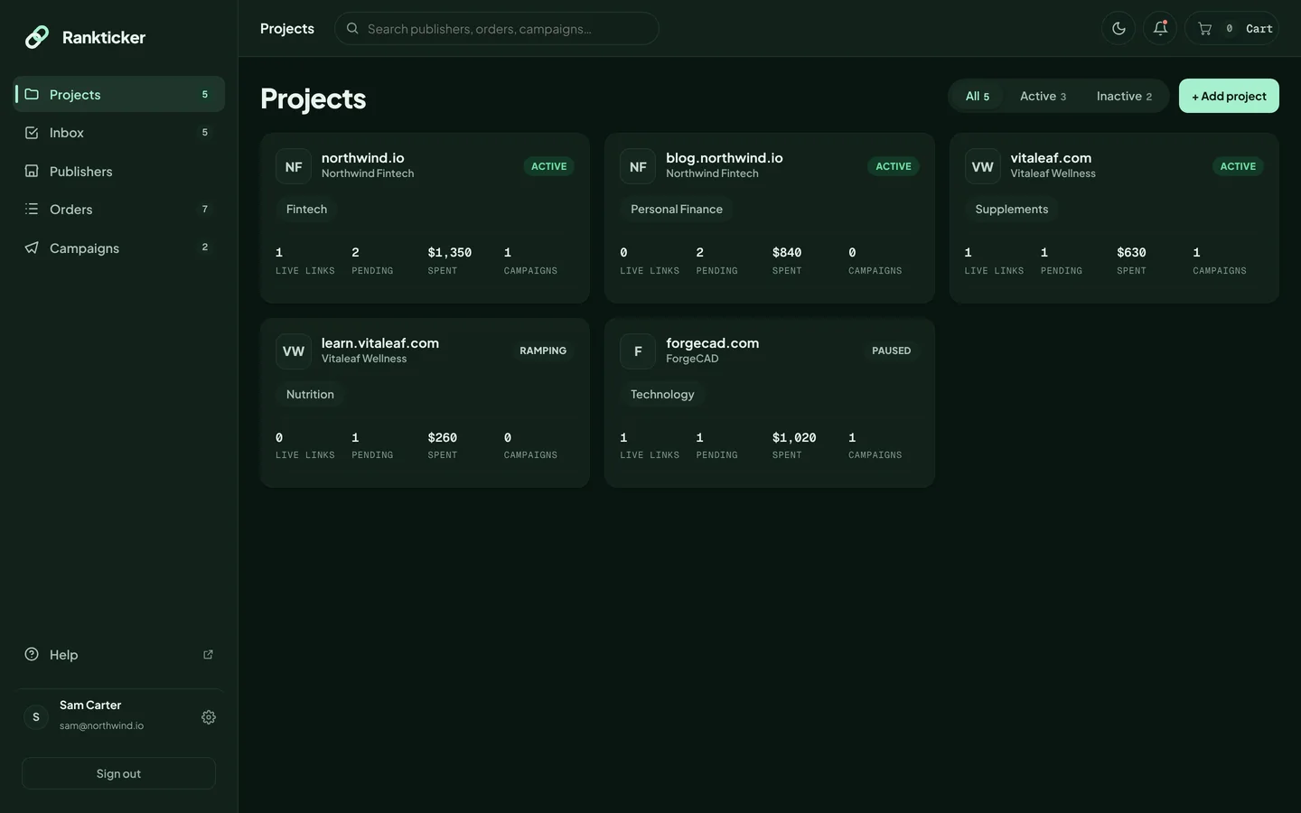 The Rankticker app in dark mode
