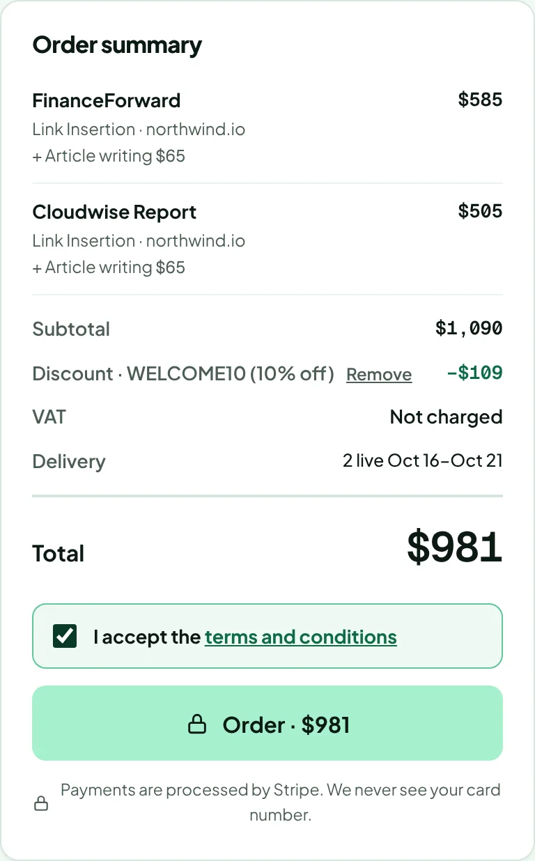 The order summary with WELCOME10 applied, a discount line and the reduced total