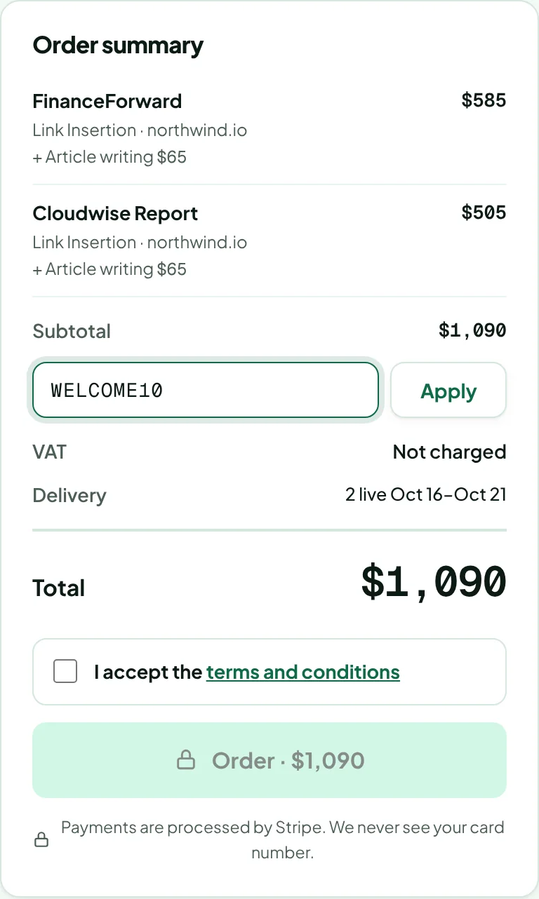 The order summary with the discount code field open and a code typed in