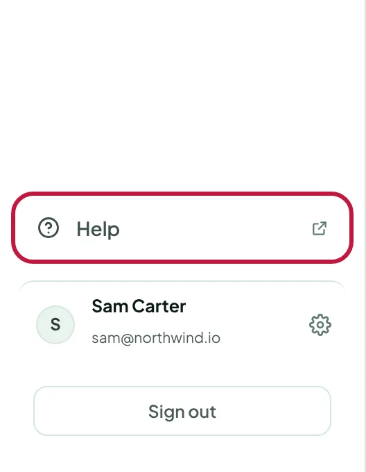 The bottom of the sidebar with the Help link highlighted, the account card and Sign out