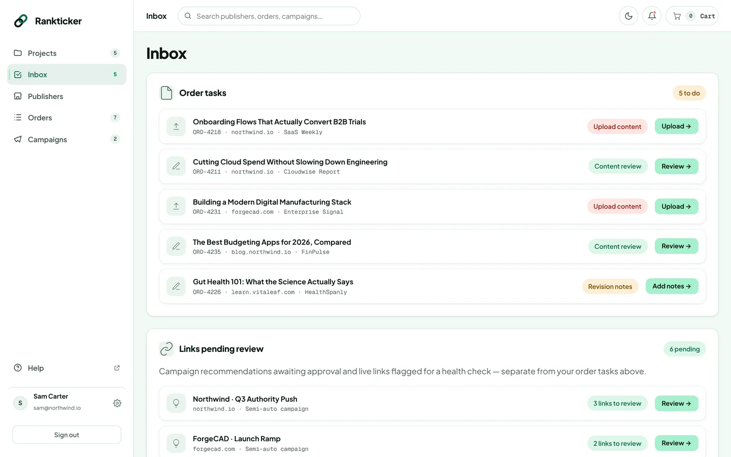 The Inbox with order tasks at the top and links pending review below