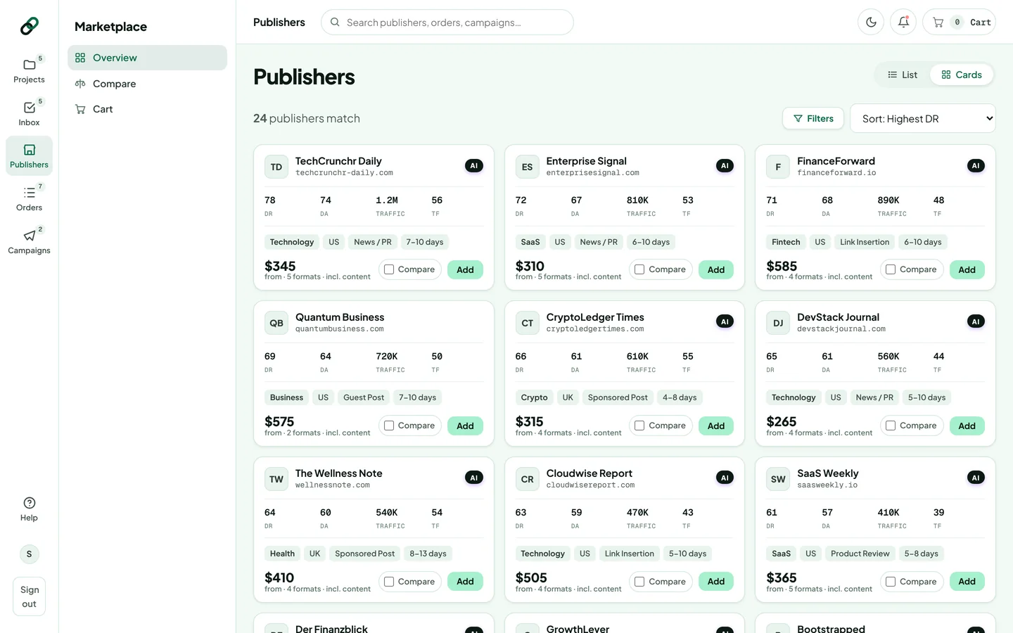 Marketplace cards, several with the AI badge next to the publication name