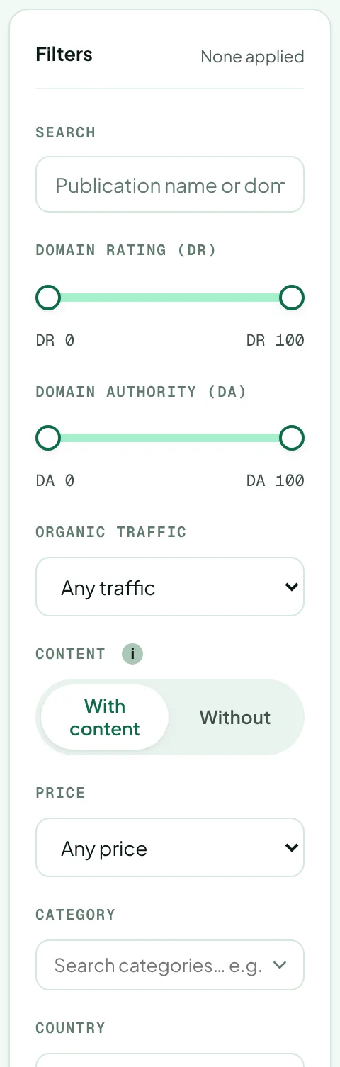 The filter panel with search, DR and DA sliders, traffic, content, price and category