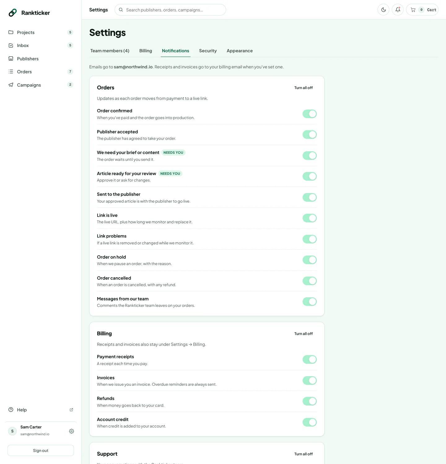 Settings, Notifications tab with switches for each order and billing email