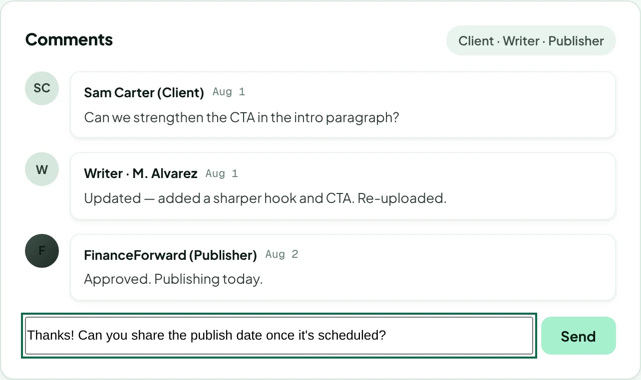 The Comments thread on an order with messages from the client, writer and publisher and a comment being typed