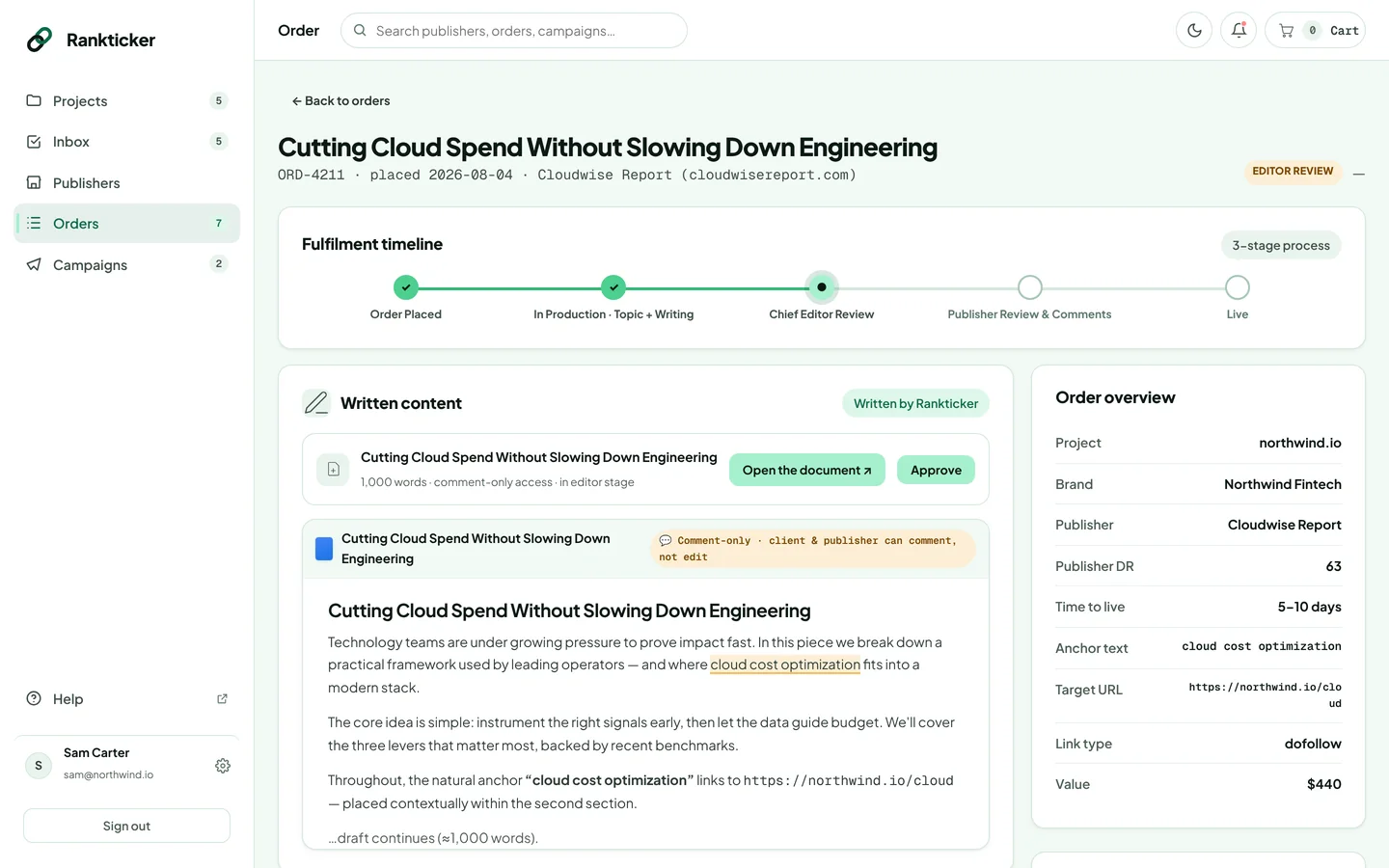 An order page with the fulfilment timeline, the written content and the order overview