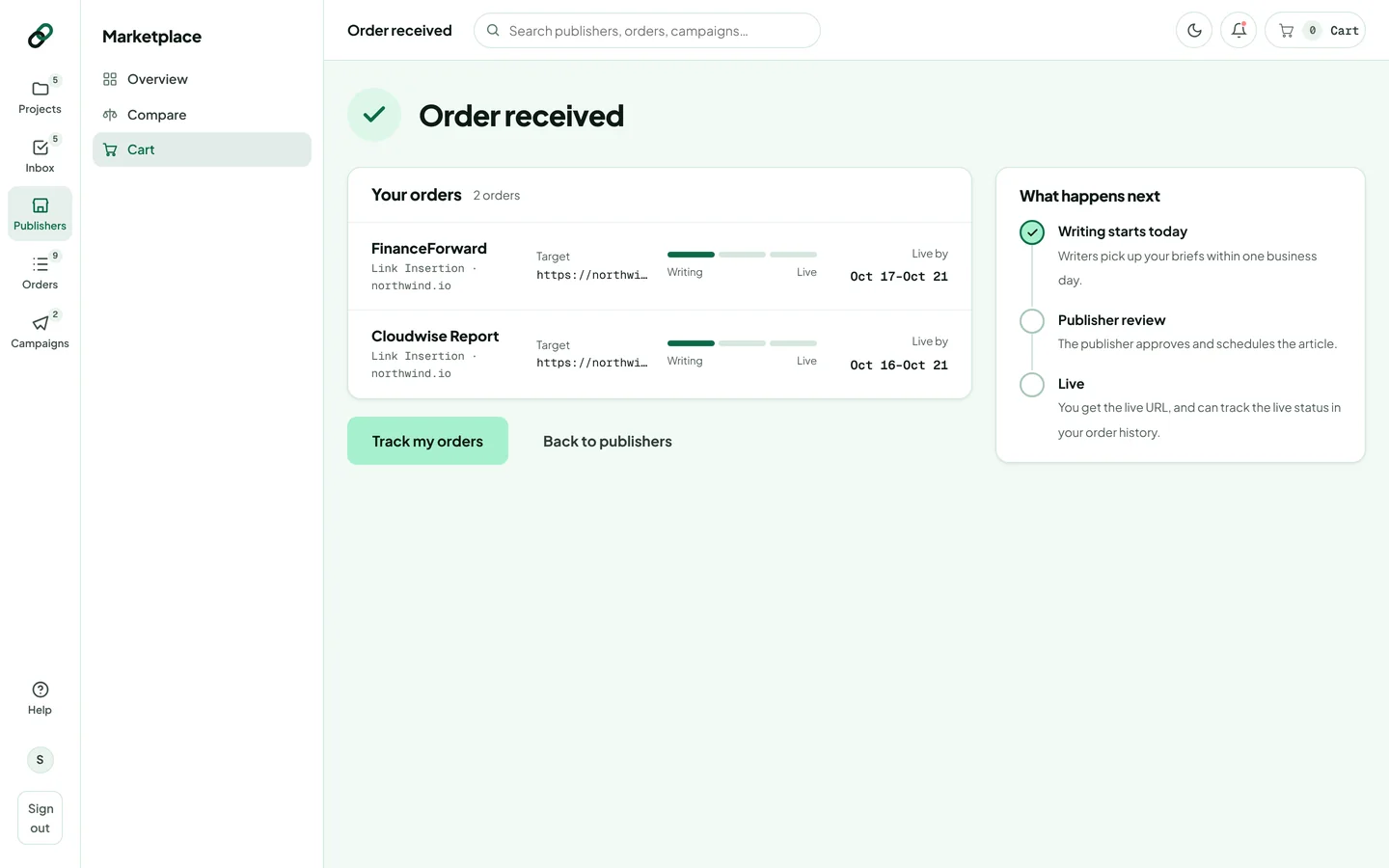 The Order received page with each order, its live-by date and What happens next