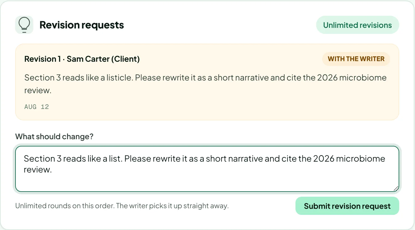 The Revision requests card with a previous request and the What should change field filled in