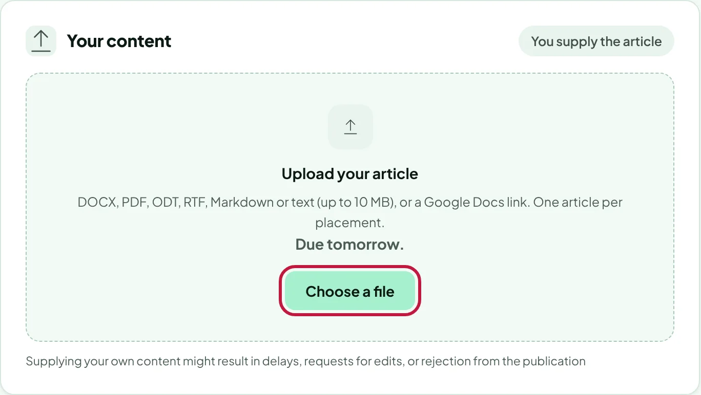 The Your content card on an order with the Upload your article box