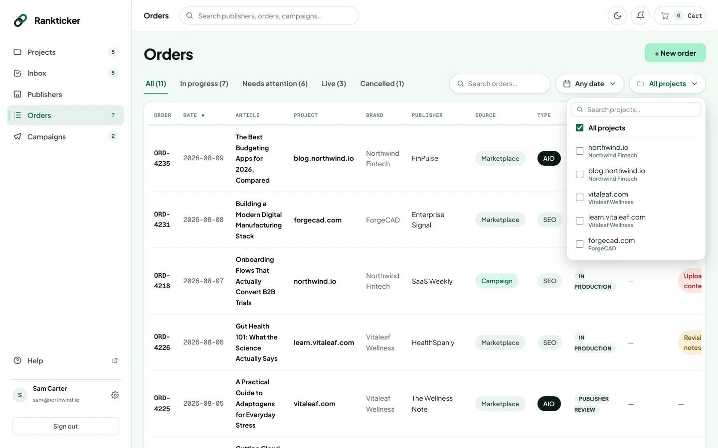 The Orders page with the project filter open and a list of projects to tick