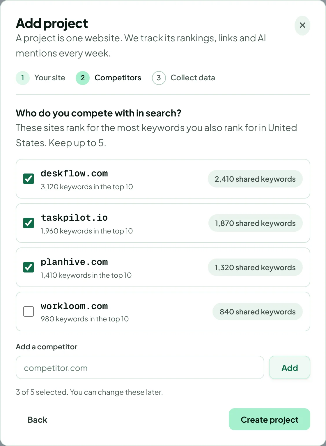 Step 2 of Add project: suggested competitors with shared keywords and a field to add a competitor