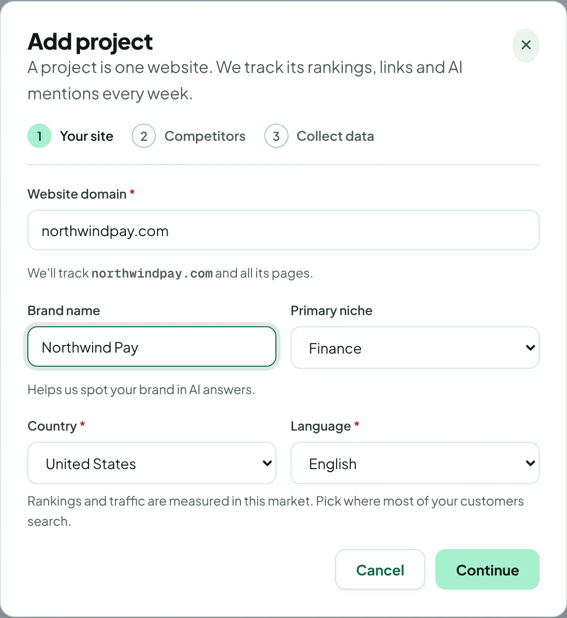 Step 1 of Add project: website domain, brand name, primary niche, country and language