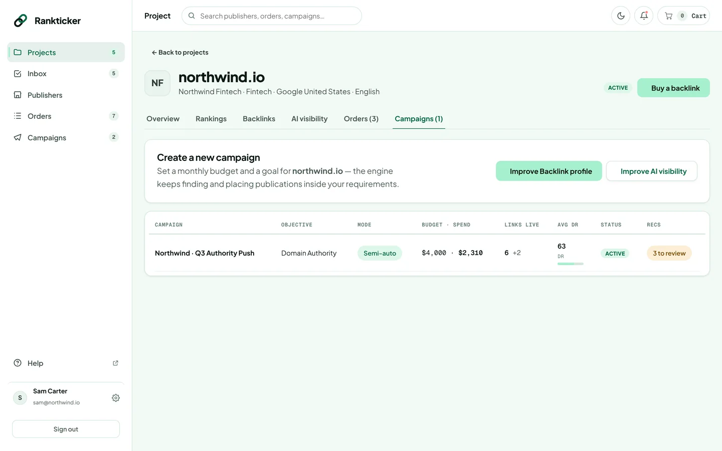A project's Campaigns tab with the Create a new campaign card and the campaign table