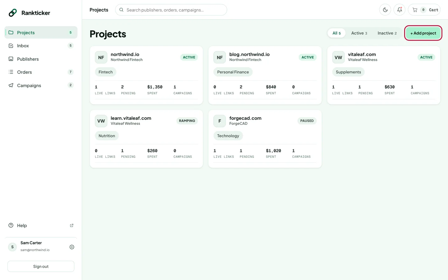 The Projects page with the Add project button highlighted