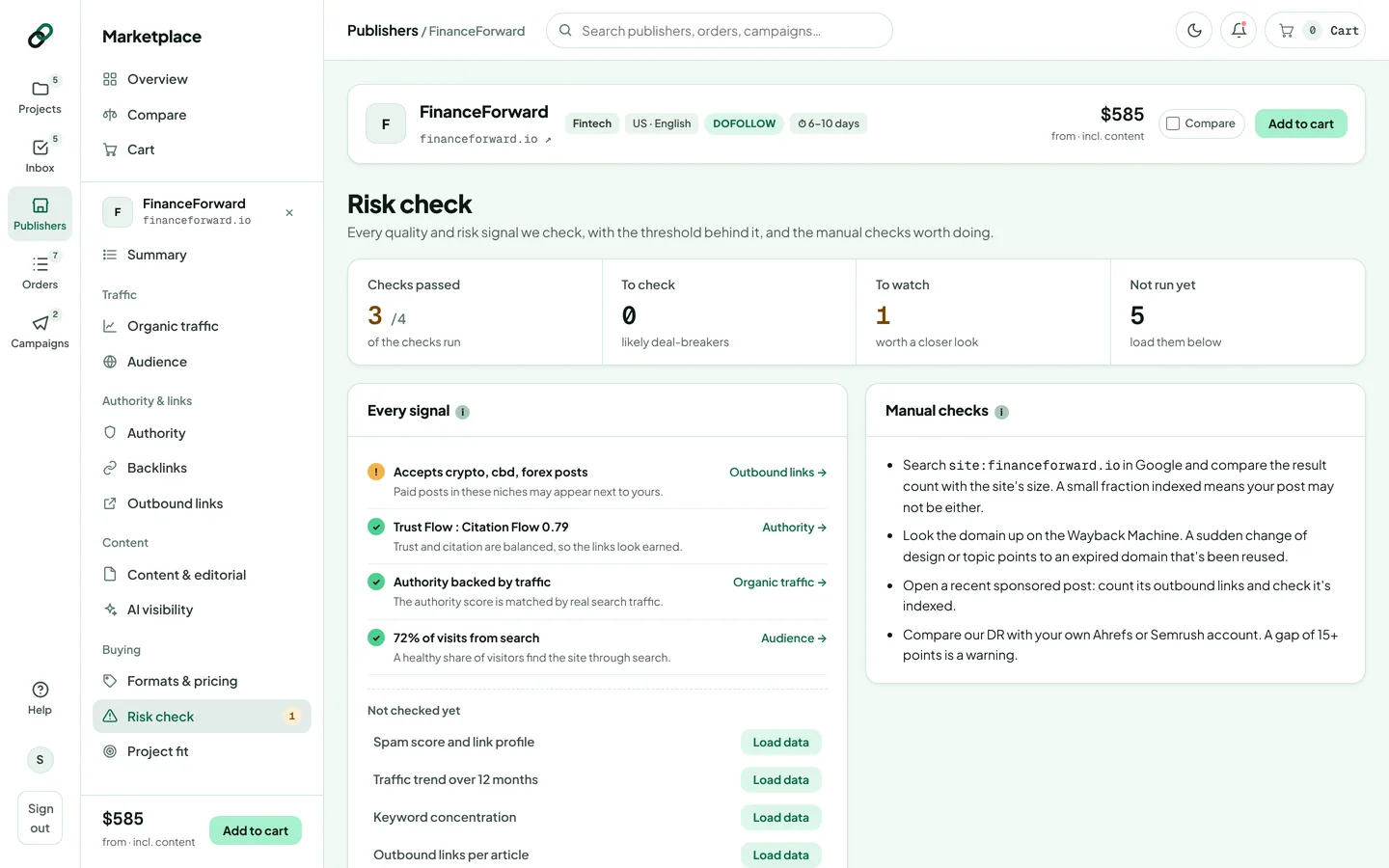 The Risk check page with checks passed, to check, to watch, not run yet, every signal and manual checks