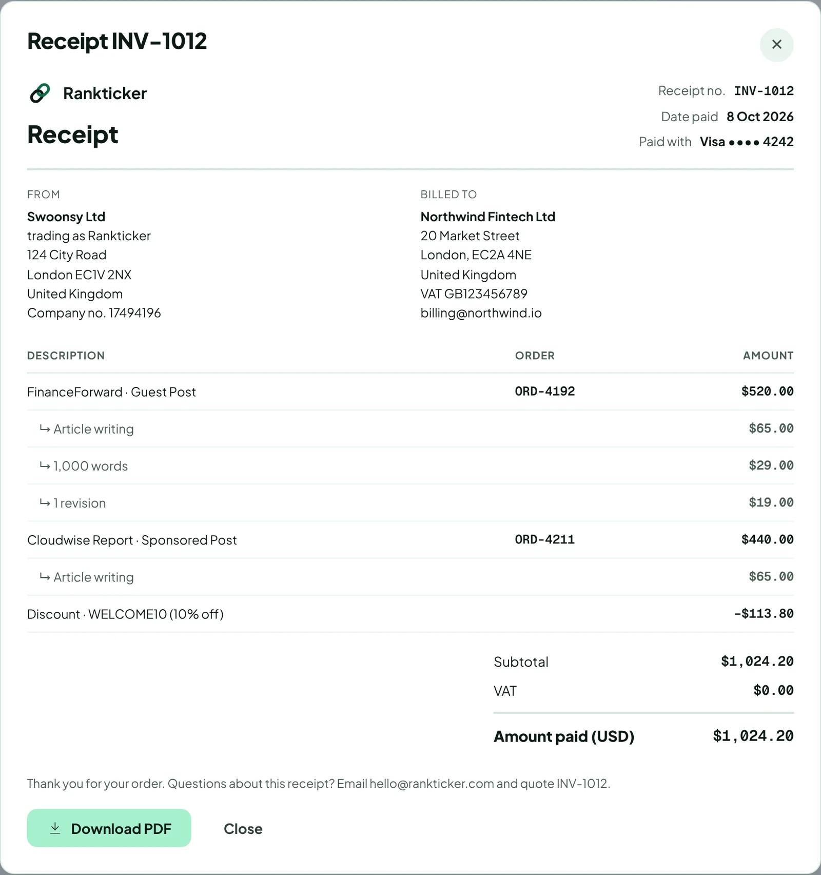 A receipt with seller and billing details, line items per order, discount, VAT and the amount paid