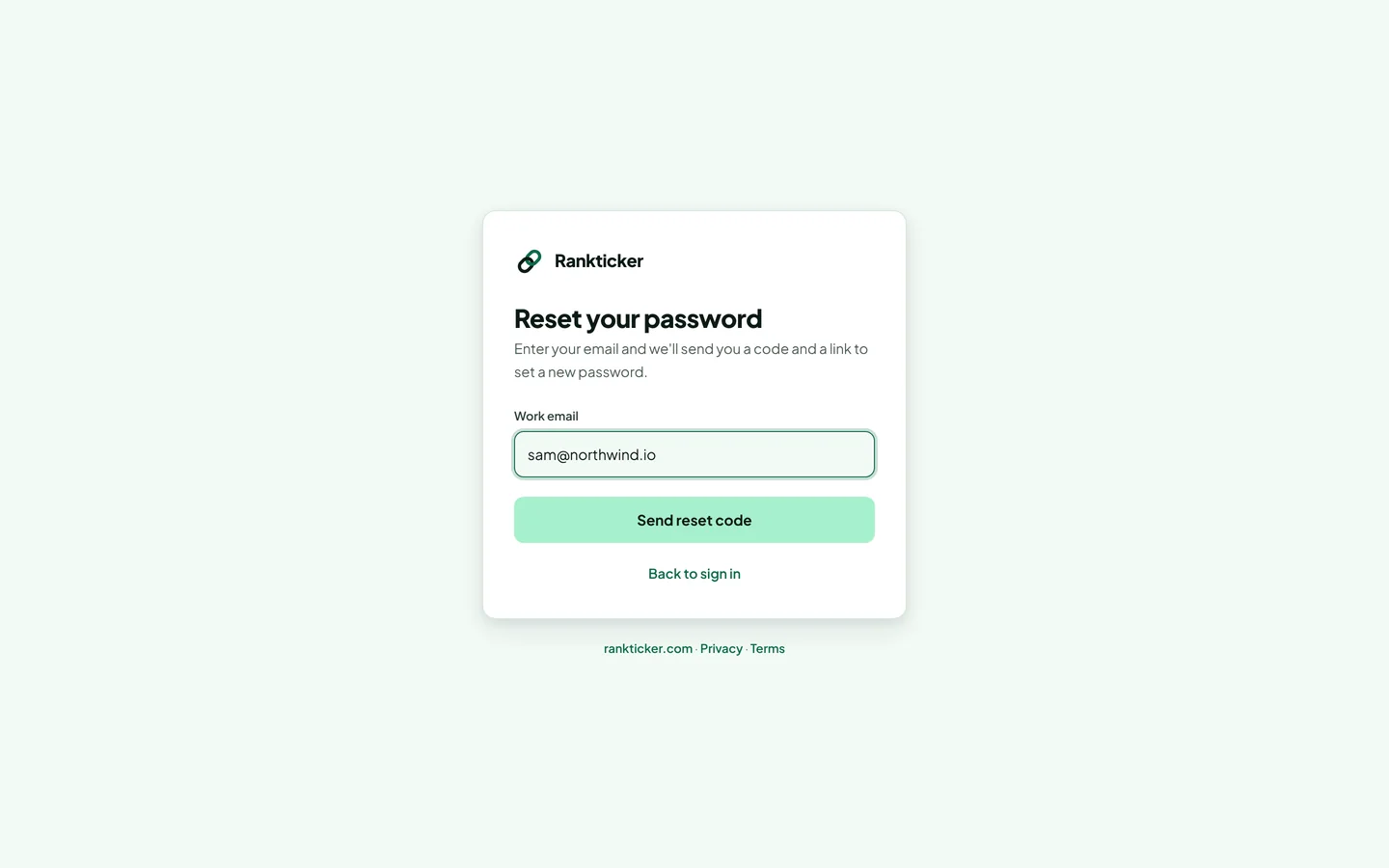 The Reset your password screen with the email field and Send reset code button