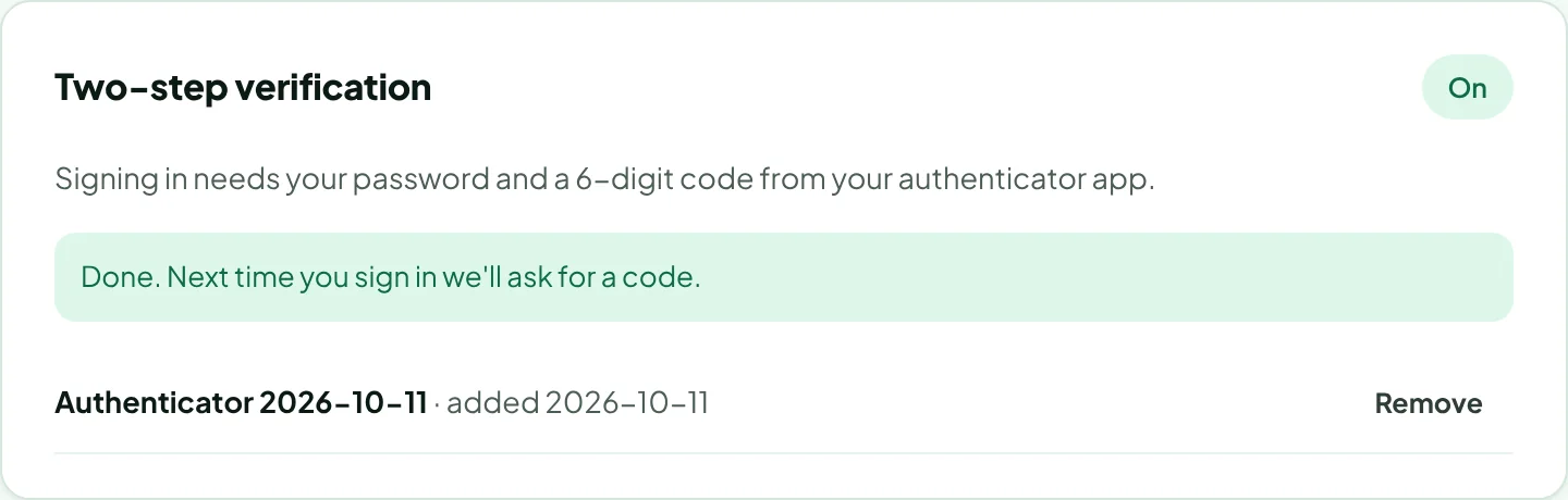 Two-step verification turned on with one authenticator listed