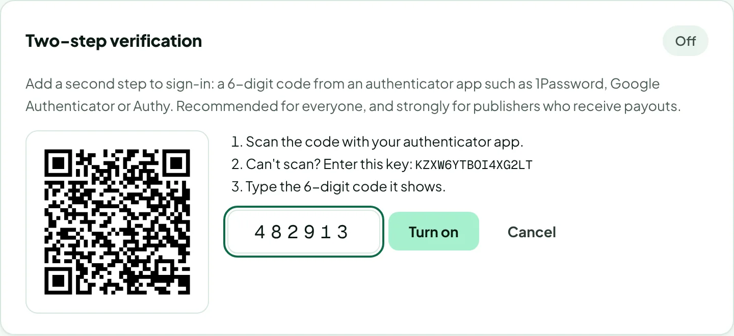The QR code, setup key and 6-digit code field with the Turn on button