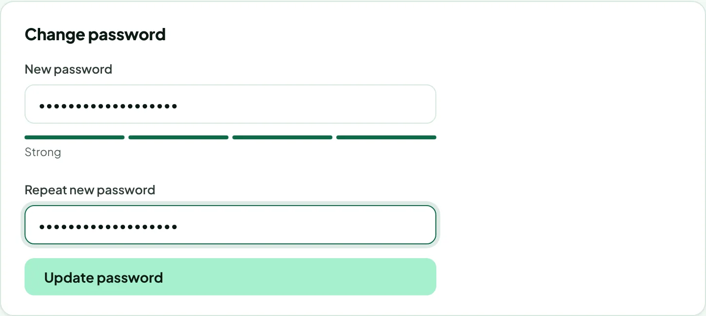 The Change password card with the new password entered twice and the strength meter