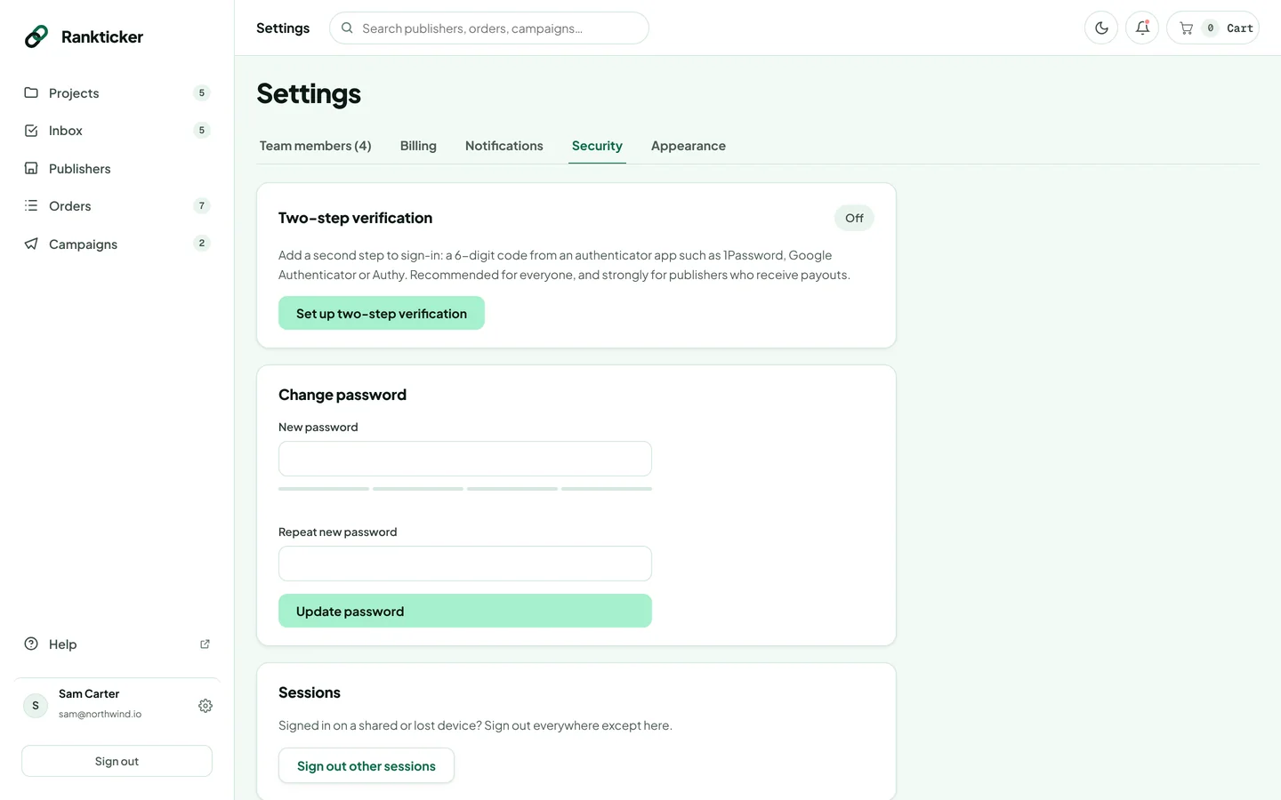 Settings, Security tab with two-step verification, change password and sessions