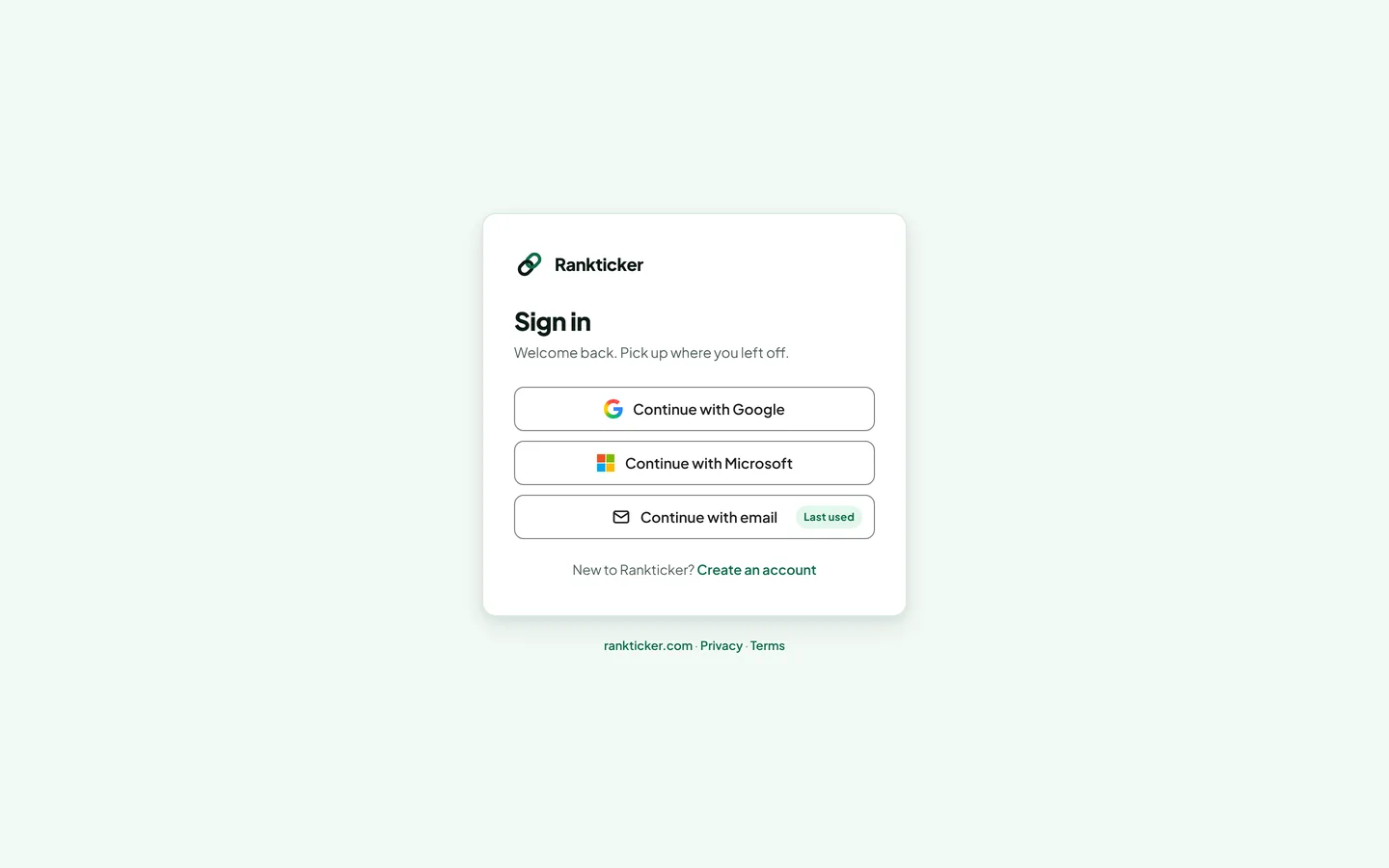 The Rankticker sign-in screen with Google, Microsoft and email options
