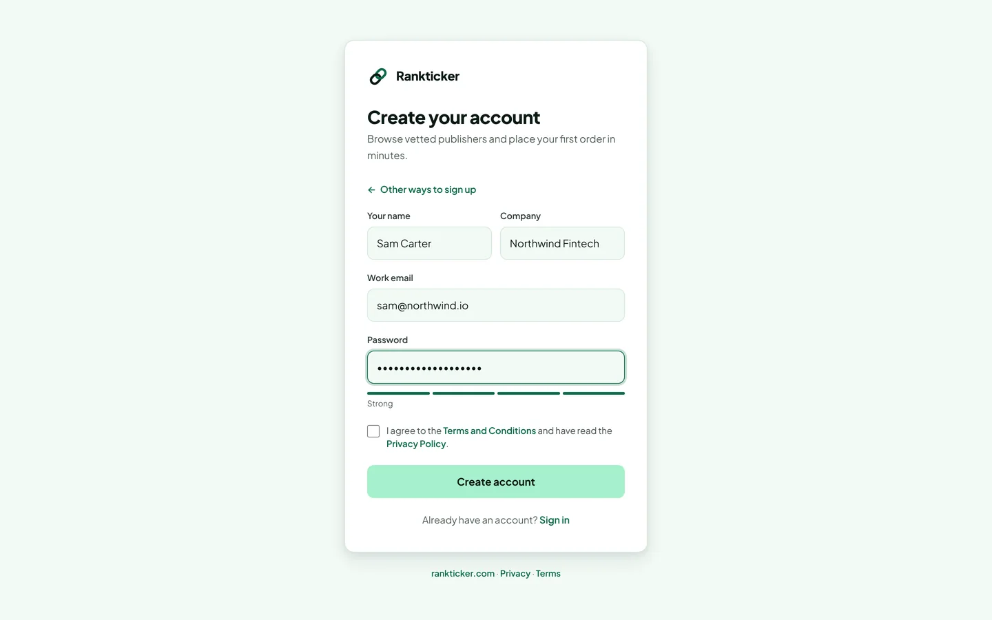 The email sign-up form with name, company, work email, password and the terms checkbox