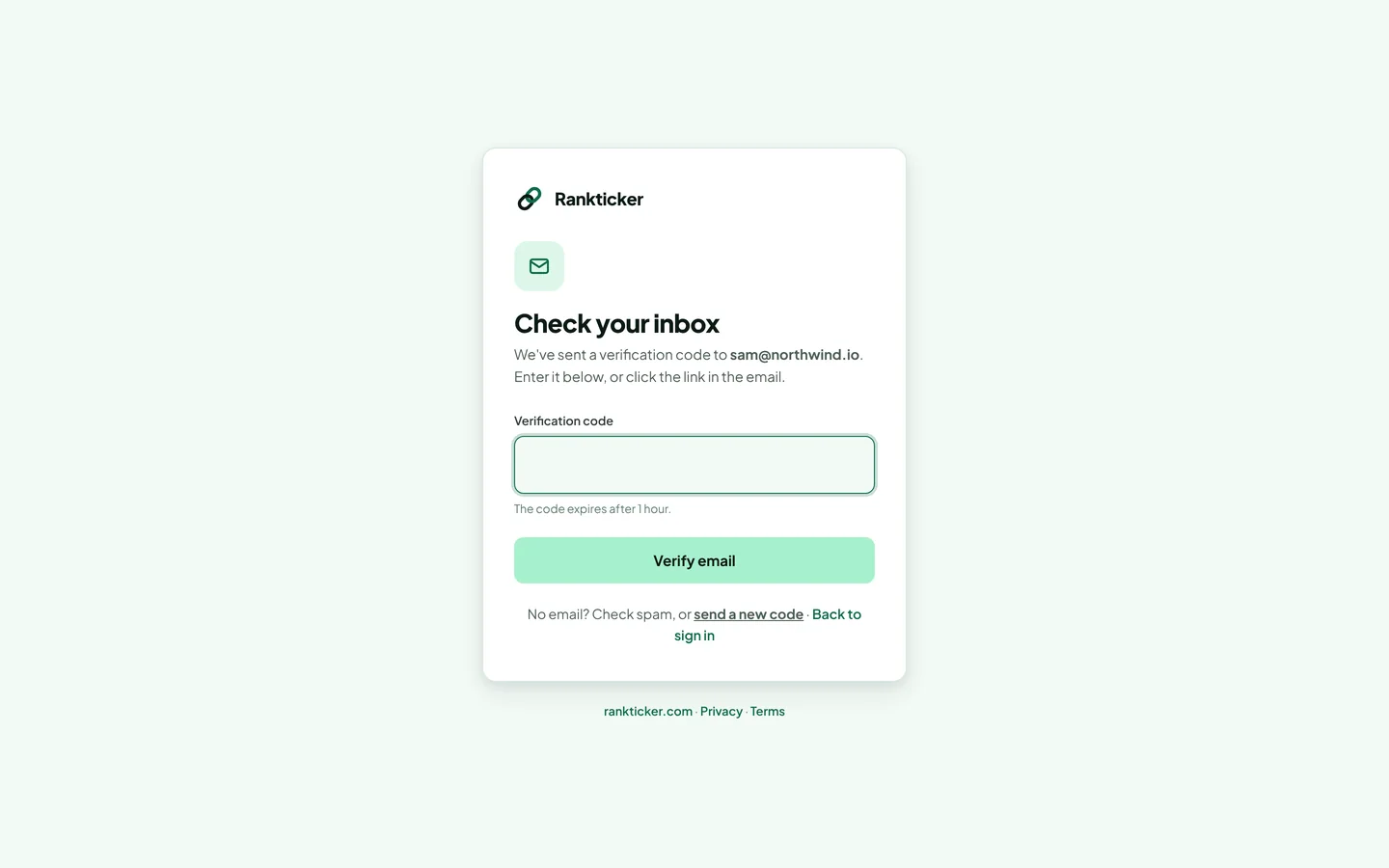 The Check your inbox screen asking for the verification code
