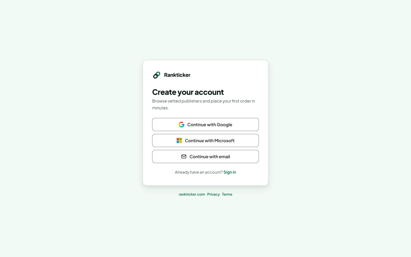 The Rankticker sign-up screen with Continue with Google, Continue with Microsoft and Continue with email