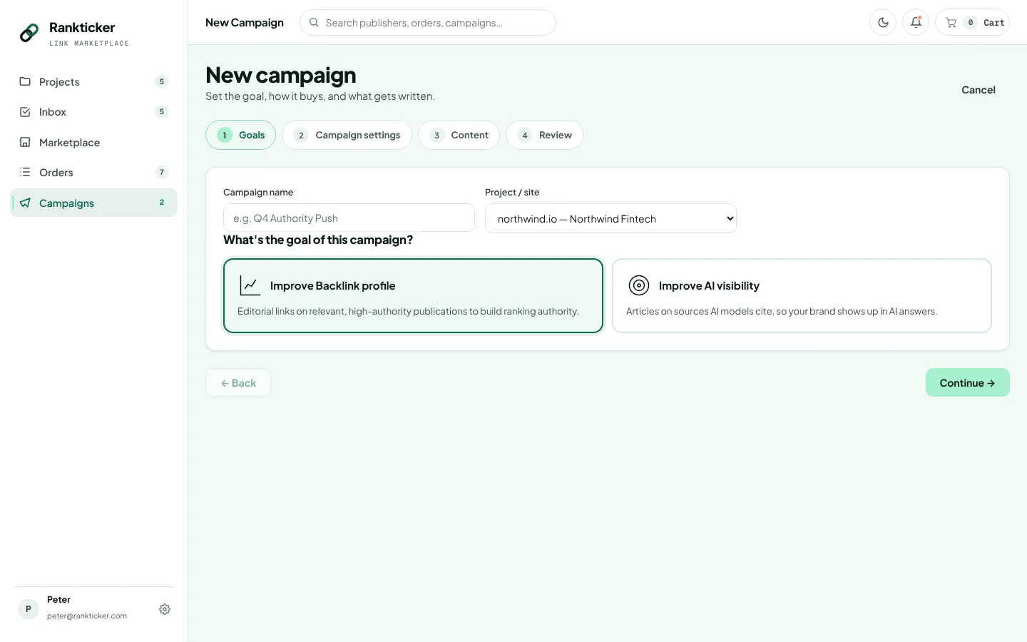 Rankticker new campaign screen asking the user to choose a goal: improve backlink profile or improve AI visibility