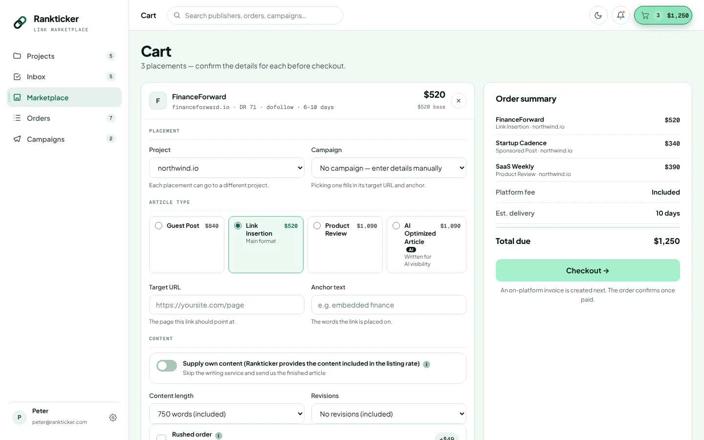 Rankticker cart with per-placement settings for project, campaign, article type, target URL, anchor text and content options, next to an order summary