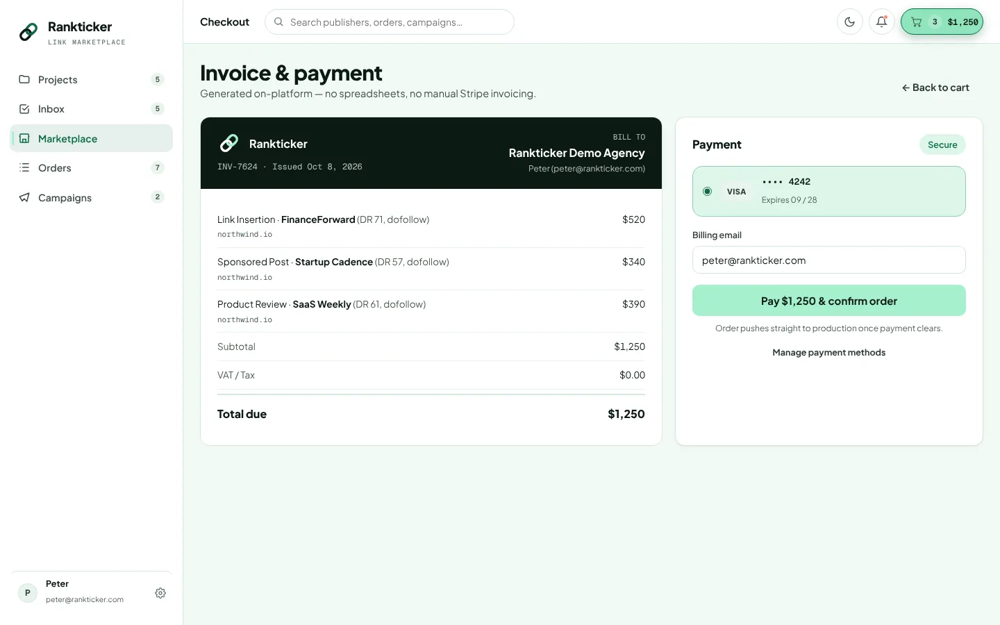 Rankticker checkout with an on-platform invoice listing each placement and a card payment form