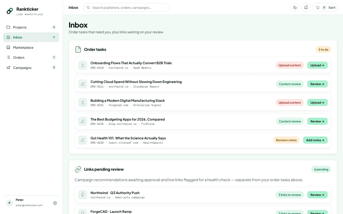 Rankticker inbox listing tasks that need the user, such as upload content and review content, and a list of links pending review