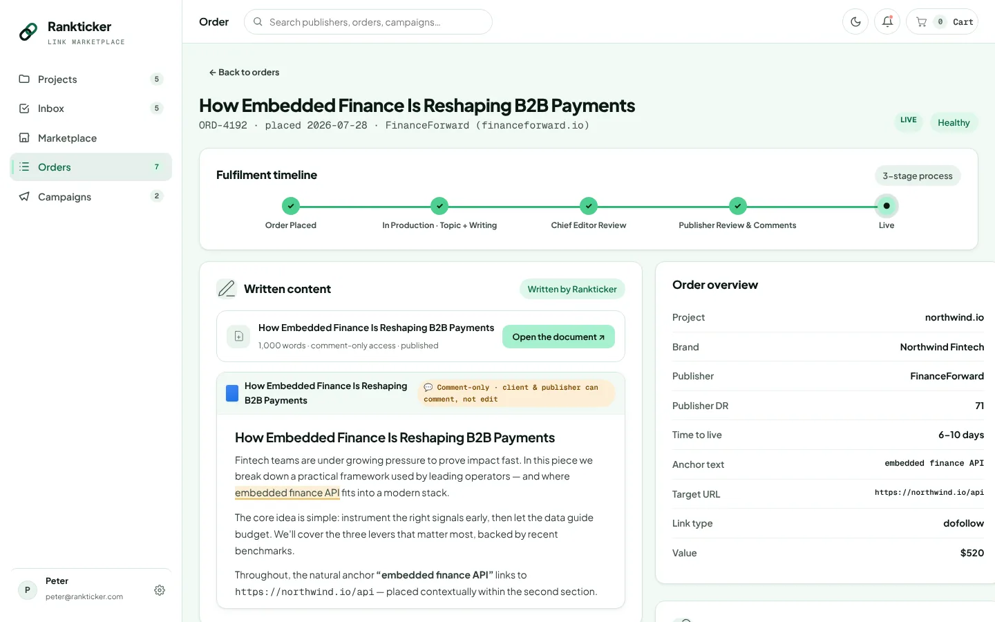 Rankticker order detail with the fulfilment timeline from order placed to live, the written article with editor comments, and the live link tracker